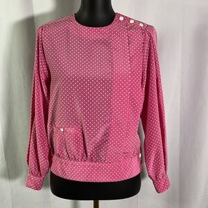 Vintage Chaus Pink & White Polka Dot Pleated Long Sleeve Blouse